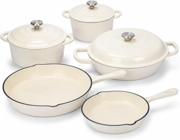 pure white 7 piece heavy weight cast iron cookware set – enamel coated dutch ovens & frying pan with lids – oven safe, induction ready, non stick for gas, electric & ceramic, 7pcs enamel cast iron cookware good quality