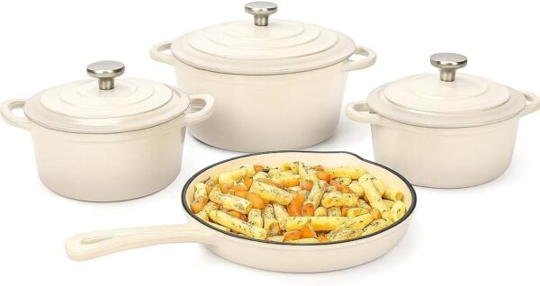 enamel cast iron cookware set 7 piece set of dutch ovens, sauce pan, skillet, 3 lids, dutch oven set, ceramic coated cast iron, heavy duty, gas/induction compatible, 7pcs enamel cast iron cookware good quality (white)