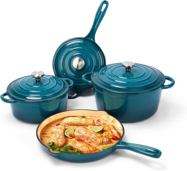 teal 7 piece heavy weight cast iron cookware set – enamel coated dutch ovens & frying pan with lids – oven safe, induction ready, non stick for gas, electric & ceramic, 7pcs enamel cast iron cookware good quality