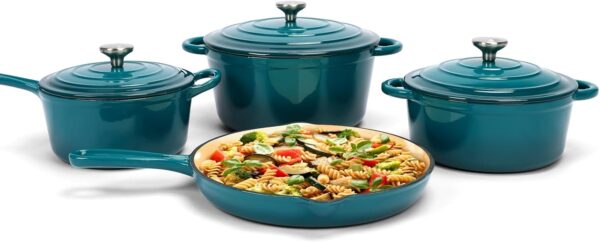 biscay blue enamel cast iron cookware set 7 piece set of dutch ovens, sauce pan, skillet, 3 lids, dutch oven set, ceramic coated cast iron, heavy duty, gas/induction compatible, 7pcs enamel cast iron cookware good quality