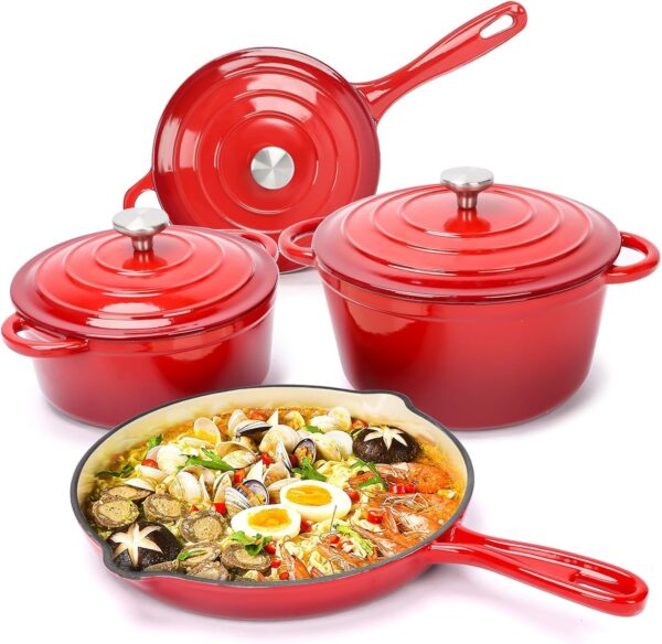 orange enamel cast iron cookware set 7 piece set of dutch ovens, sauce pan, skillet, 3 lids, dutch oven set, ceramic coated cast iron, heavy duty, gas/induction compatible, 7pcs enamel cast iron cookware good quality