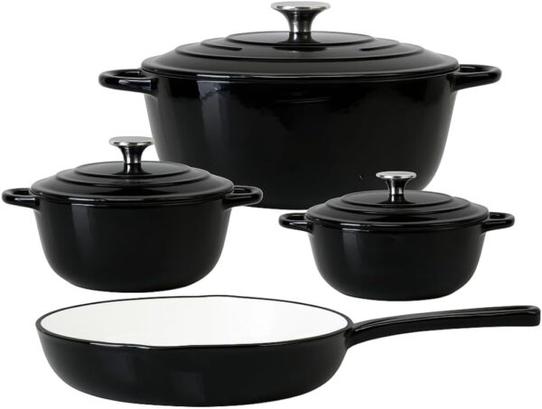 pure black 7 piece heavy weight cast iron cookware set – enamel coated dutch ovens & frying pan with lids – oven safe, induction ready, non stick for gas, electric & ceramic, 7pcs enamel cast iron cookware good quality