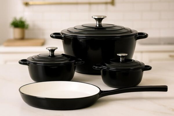black enamel cast iron cookware set 7 piece set of dutch ovens, sauce pan, skillet, 3 lids, dutch oven set, ceramic coated cast iron, heavy duty, gas/induction compatible, 7pcs enamel cast iron cookware good quality