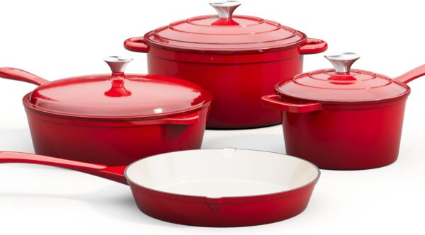 red 7 piece heavy weight cast iron cookware set – enamel coated dutch ovens & frying pan with lids – oven safe, induction ready, non stick for gas, electric & ceramic, 7pcs enamel cast iron cookware good quality