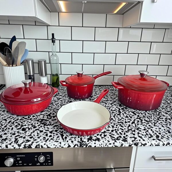 rouge red enamel cast iron cookware set 7 piece set of dutch ovens, sauce pan, skillet, 3 lids, dutch oven set, ceramic coated cast iron, heavy duty, gas/induction compatible, 7pcs enamel cast iron cookware good quality