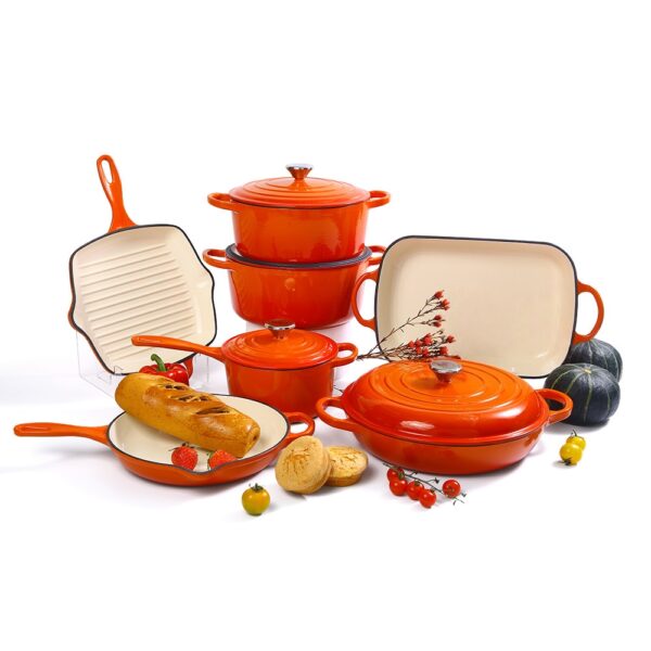 orange 11 piece enamel cast iron casserole cookware set – heavy duty heat retaining pots & pans, non stick enamel coating, 11pcs cast iron cookware set, high quality enamel, ergonomic handles, oven safe