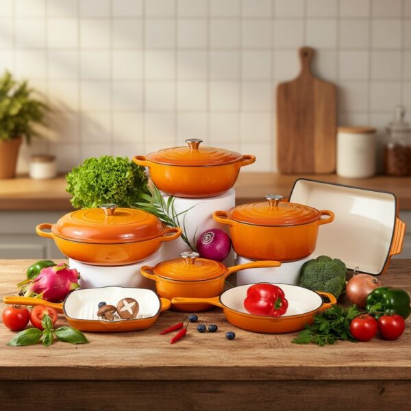 11 piece enameled cast iron cookware set – heavy duty non stick dutch ovens, skillet, grill pan, and roasting dish – oven safe, induction compatible pots and pan kitchen set, 11pcs cast iron cookware set, high quality enamel, ergonomic handles, oven safe, (orange)