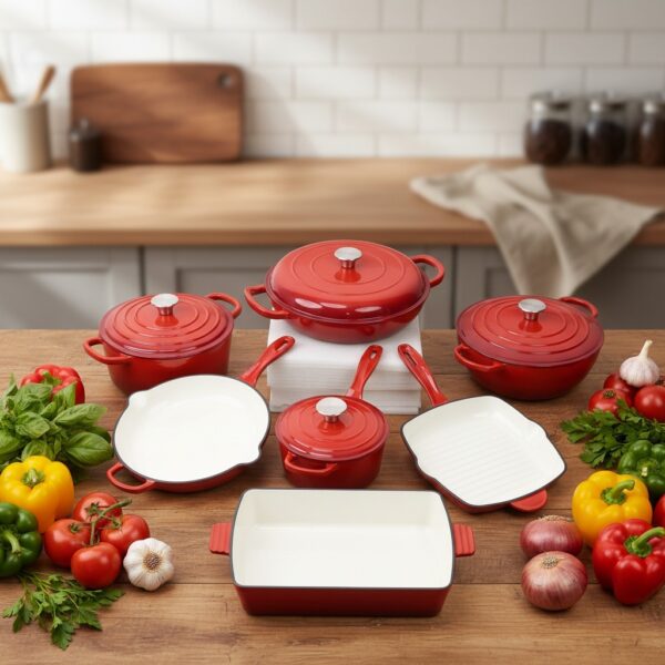 11 piece enameled cast iron cookware set – heavy duty non stick dutch ovens, skillet, grill pan, and roasting dish – oven safe, induction compatible pots and pan kitchen set, 11pcs cast iron cookware set, high quality enamel, ergonomic handles, oven safe, (rouge red)