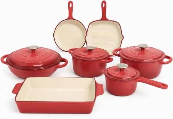 red 11 piece enamel cast iron casserole cookware set – heavy duty heat retaining pots & pans, non stick enamel coating, 11pcs cast iron cookware set, high quality enamel, ergonomic handles, oven safe