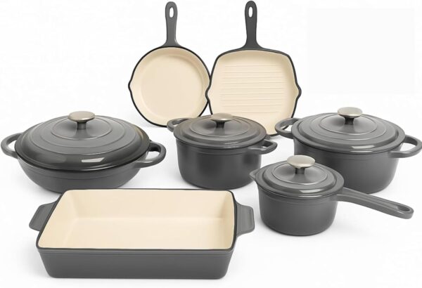 grey 11 piece enameled cast iron cookware set – heavy duty non stick dutch ovens, skillet, grill pan, and roasting dish – oven safe, induction compatible pots and pan kitchen set, 11pcs cast iron cookware set, high quality enamel, ergonomic handles, oven safe, (grey)