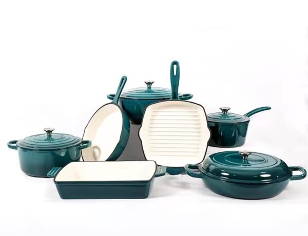 torquoise blue 11 piece enameled cast iron cookware set – heavy duty non stick dutch ovens, skillet, grill pan, and roasting dish – oven safe, induction compatible pots and pan kitchen set, 11pcs cast iron cookware set, high quality enamel, ergonomic handles, oven safe, (turquoise blue)
