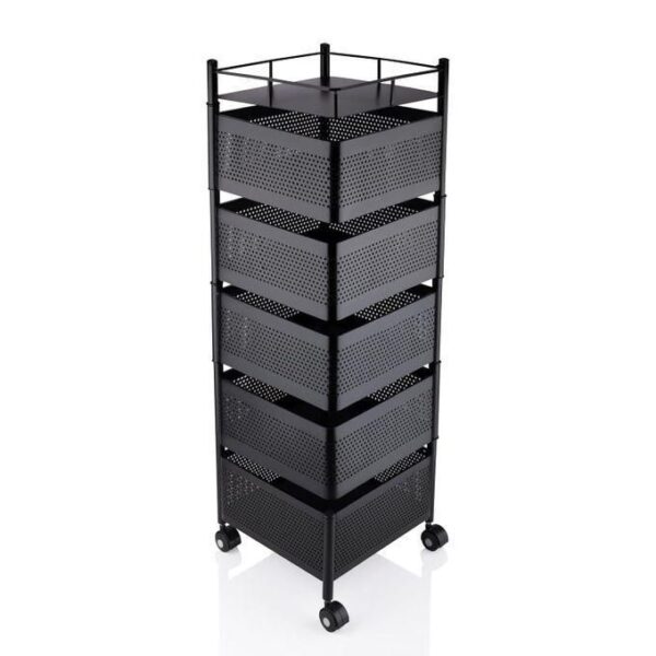 hot sale square fruit basket stand with 5 tiers, fruit and vegetable storage trolley metal carbon steel fruit vegetable rack with wheels, pack of 1, multicolor