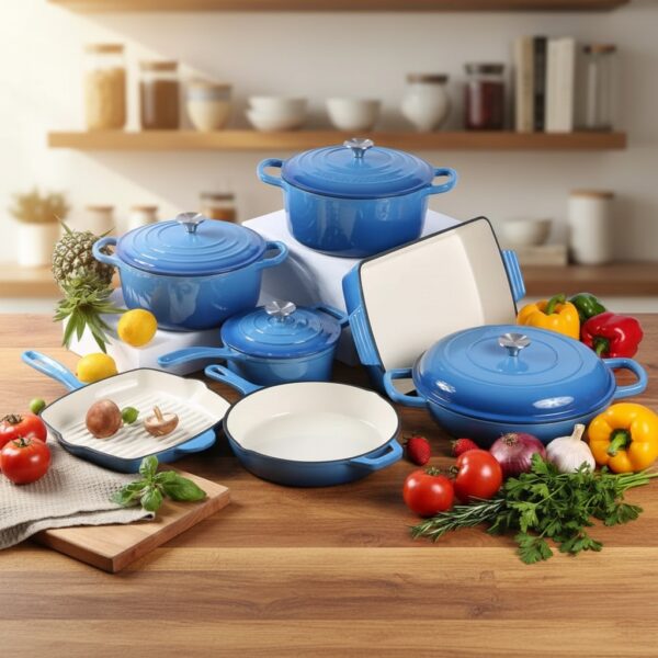 blue 11 piece enamel cast iron casserole cookware set – heavy duty heat retaining pots & pans, non stick enamel coating, 11pcs cast iron cookware set, high quality enamel, ergonomic handles, oven safe, (blue)