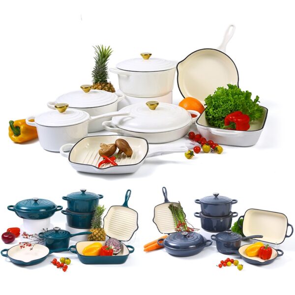 chef's choice 11pcs enamel cast iron cookware set includes casserole grill seafood pot, cookware set kitchen cast iron cooking pots and pans dutch oven skillet non stick frying pan stew pot healthy, heavy duty non stick dutch ovens, skillet, grill pan, and roasting dish – oven safe, induction compatible pots and pan kitchen set, assorted colours