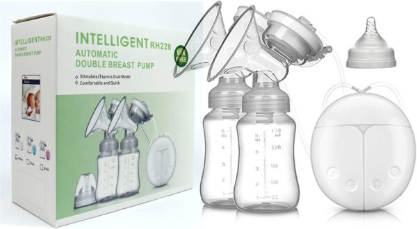 double breast pumps, breast pump safe milk storage bottle dual control milk suction and breast massager breast care with usb and lid, intelligence brand bpa free portable electric double breast pump with milk bottles for baby breastfeeding & accessories