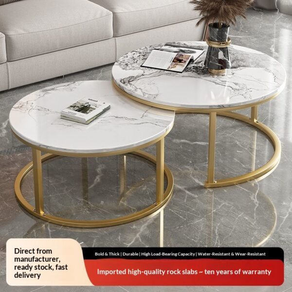living room iron side table black color with white marble top rounded coffee table luxury iron sofa side table, luxury pure marble nesting stools set