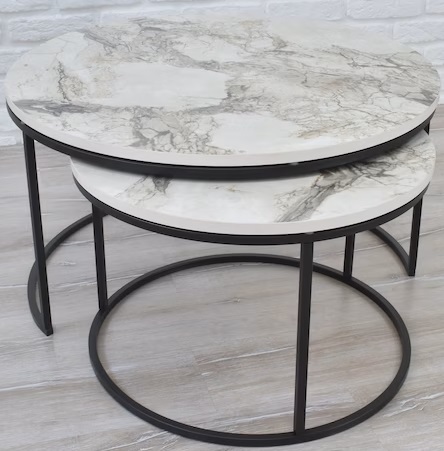 nordic modern living room furniture creative round glass coffee table with stone top pure marble and iron art round table set, luxury pure marble nesting stools set