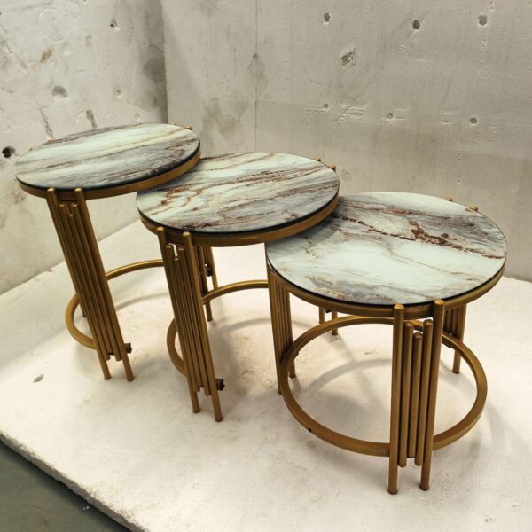 3 in1 luxurious nesting tables set, modern stainless steel cake table for weddings and hotels dining room furniture of metal for home use, nesting tables set of 3 pieces, round coffee table, ceramics marble top, strong gold metal frame for living room, office, sofa side
