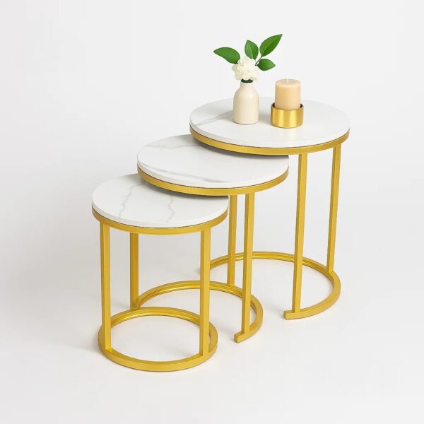 white & gold 3 in 1 luxury glass effect top nesting tables set of 3 pieces, round coffee table, ceramics glass top, strong gold metal frame for living room, office, sofa side (white/gold, nesting table)