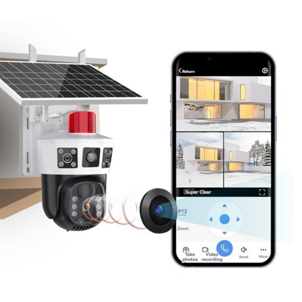 outdoor wireless 8mp wi fi 4g v380 pro solar camera with night vision audio ptz lens three screens cmos sensor security camera, dual lens 4g ptz 360 cctv camera with alarm, solar powered, night vision, 4g supports safaricom, airtel sim cards, two way audio, motion tracking, alarm, v380 pro app