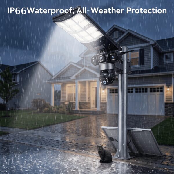 ai triple lens 4g solar camera with street light, 4mp wireless solar street light ptz cctv camera wide angle night vision 360 view triple surveillance footage cloud, all weather inbuilt solar panel, 4mp triple lens camera, motion tracking, two way audio, v380 pro, 1000watts
