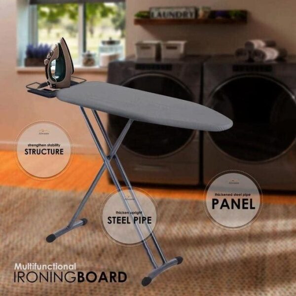 wide top ironing board, 4 legs, steel top ironing board with fixed iron rest, fiber pad, scorch and stain resistant, silver frame and silicone coated cotton cover, multicolor