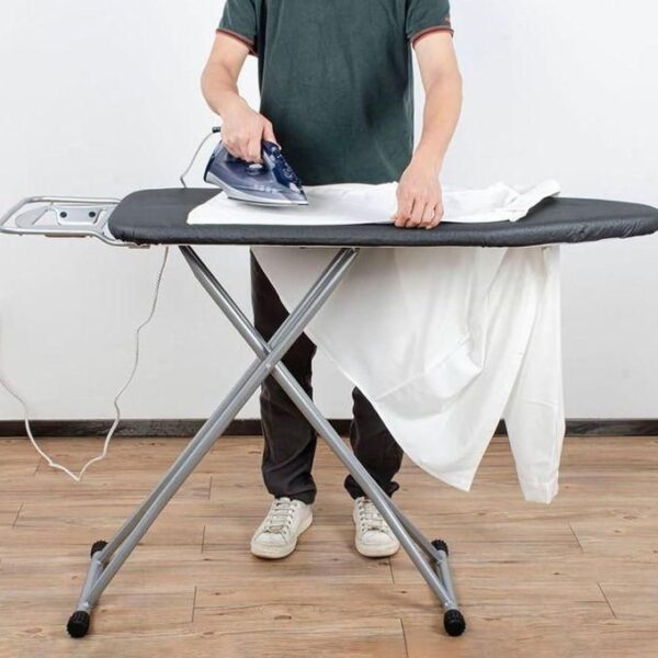ironing board, 4 legs, steel top ironing board with fixed iron rest, fiber pad, scorch and stain resistant, silver frame and silicone coated cotton cover, multicolor