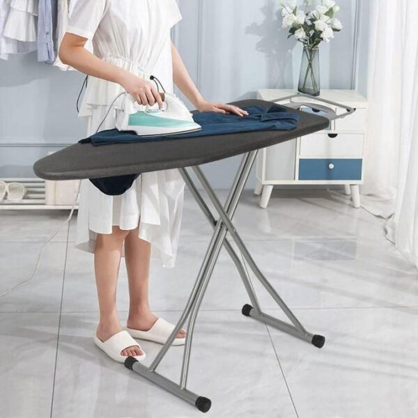 ironing board, 4 legs, steel top ironing board with fixed iron rest, fiber pad, scorch and stain resistant, silver frame and silicone coated cotton cover, multicolor