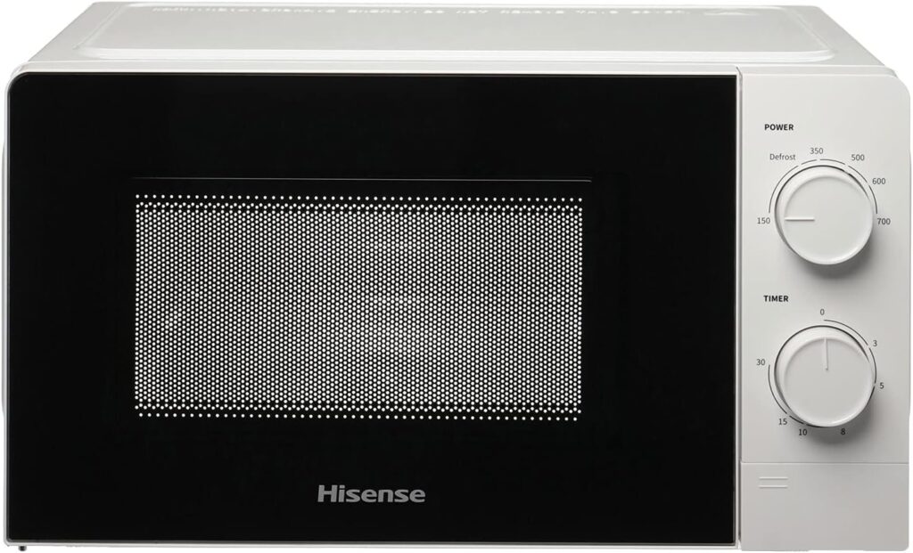 hisense microwave 20l white colour with mechanical knob control, hisense h20mows1 microwave with mechanical control, capacity 20 l, power 700 watt on 6 levels, white