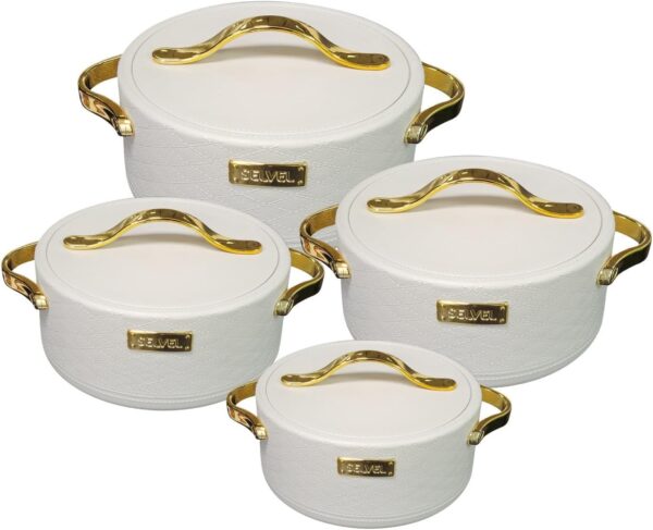 selvel leatherite 4 piece insulated hot pot set stylish white casseroles/serving bowls/hot food containers, keeps meals hot & fresh for hours capacity:1000ml 2000ml 3000ml 4000ml, (1l, 2l, 3l, 4l)