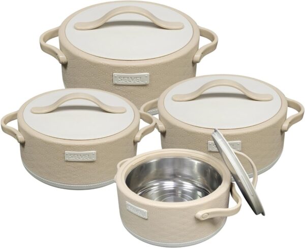 selvel leatherite 4 piece insulated hot pot set stylish beige casseroles/serving bowls/hot food containers, keeps meals hot & fresh for hours capacity:1000ml 2000ml 3000ml 4000ml, (1l, 2l, 3l, 4l)