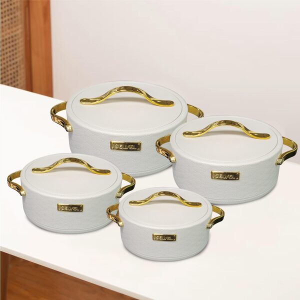 selvel leatherite 4 piece insulated hot pot set stylish white casseroles/serving bowls/hot food containers, keeps meals hot & fresh for hours capacity:1000ml 2000ml 3000ml 4000ml, (1l, 2l, 3l, 4l)