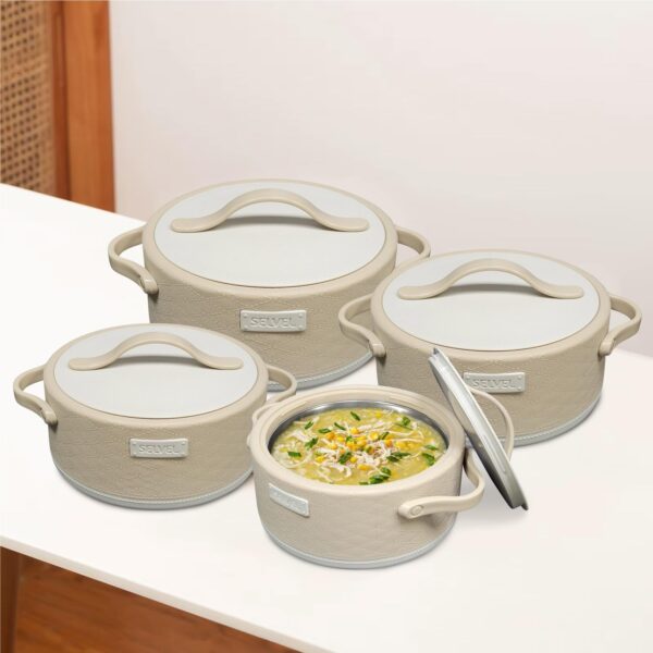 selvel leatherite 4 piece insulated hot pot set stylish beige casseroles/serving bowls/hot food containers, keeps meals hot & fresh for hours capacity:1000ml 2000ml 3000ml 4000ml, (1l, 2l, 3l, 4l)