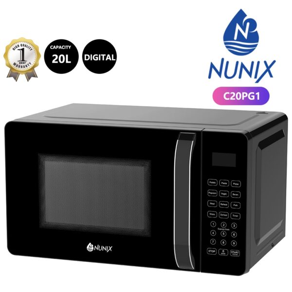 nunix 20l digital microwave oven c20pg1 – 700w output, 1150w input 10 power levels glass turntable, 99 minute timer black