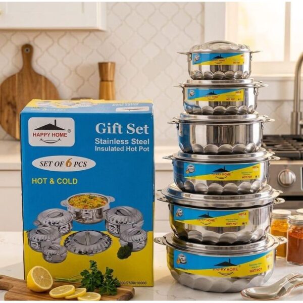 happy home 6 pcs stainless steel hotpots set, thermal insulated serving pots, durable food warmers 500ml 1500ml 2500ml 5000ml 7500ml 10000ml for home kitchen catering food storage