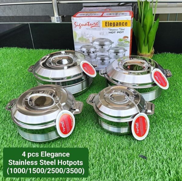 signature 4 piece insulated stainless steel hot pot set keeps food hot & cold, ergonomic handle, capacity (1000/1500/2500/3500)