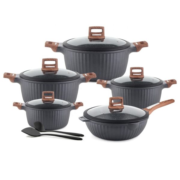 osfe 12pcs cooking pot luxury aluminum die cast pfoa free marble coated nonstick cookware sets with silicone rim glass lid, granite cookware