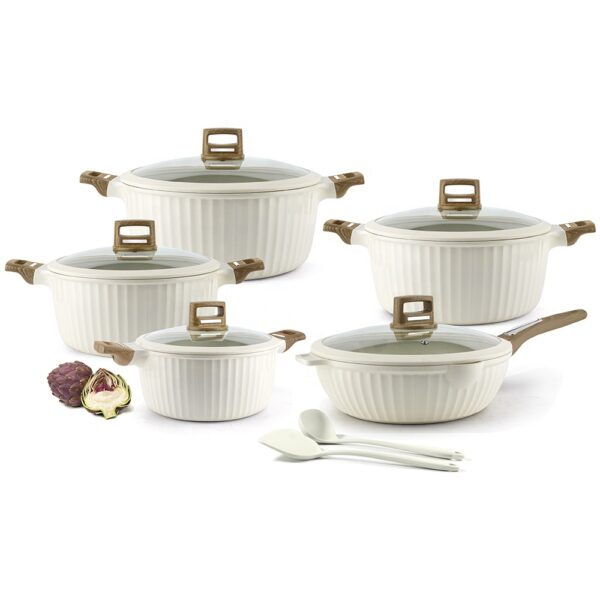 osfe 12pcs cooking pot luxury aluminum die cast pfoa free marble coated nonstick cookware sets with silicone rim glass lid, granite cookware, granite sufuria set