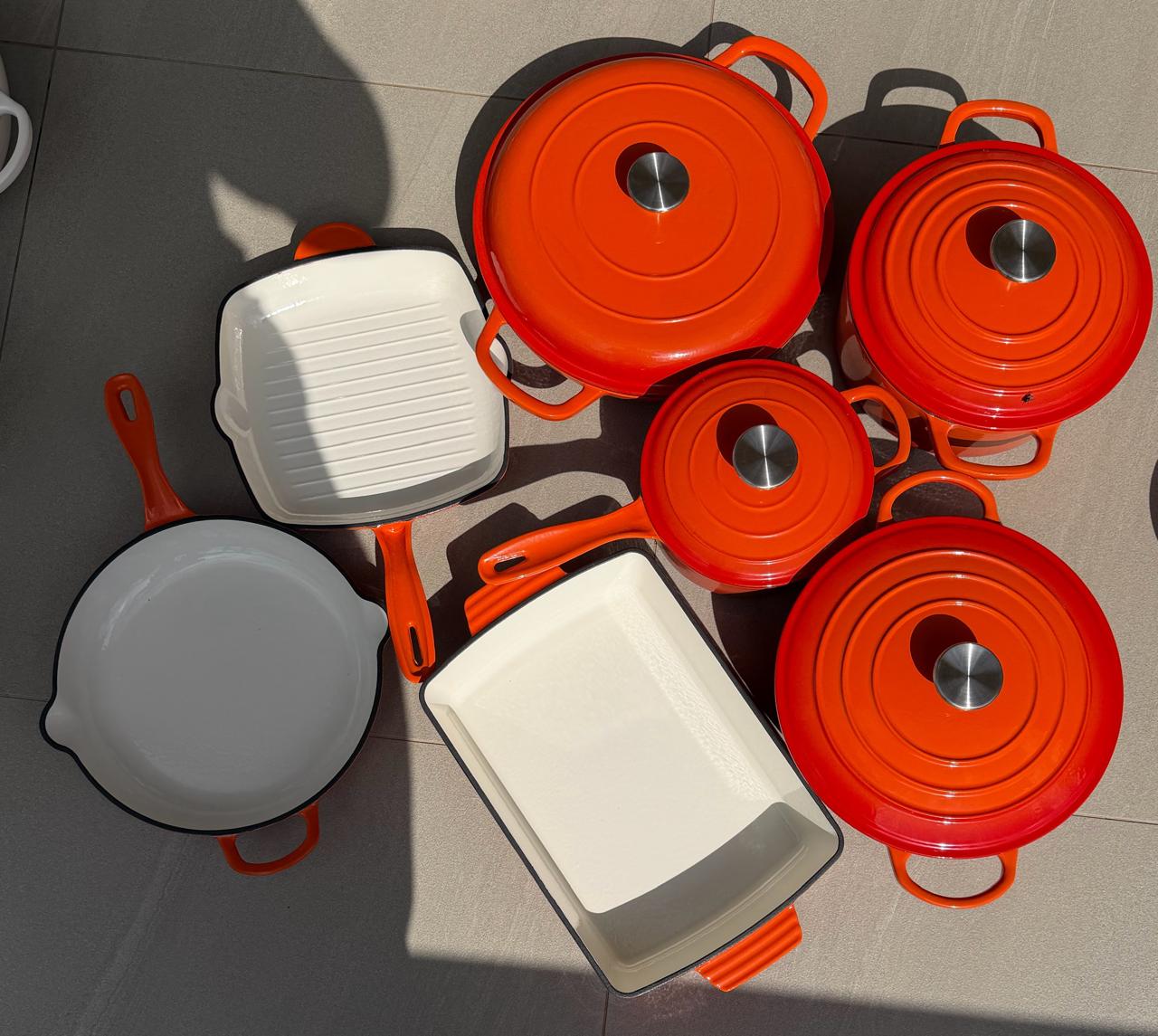 11 piece enameled cast iron cookware set โ heavy duty non stick dutch ovens, skillet, grill pan, and roasting dish โ oven safe, induction compatible pots and pan kitchen set, 11pcs cast iron cookware set, high quality enamel, ergonomic handles, oven safe, (orange) 11 piece enameled cast iron cookware set โ heavy duty non stick dutch ovens, skillet, grill pan, and roasting dish โ oven safe, induction compatible pots and pan kitchen set, 11pcs cast iron cookware set, high quality enamel, ergonomic handles, oven safe, (orange)