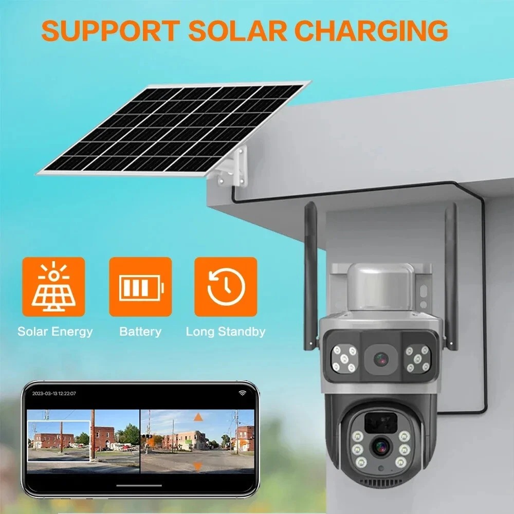 4g ptz 360 cctv camera with alarm, energy devices 5g dual lens solar security camera with 4g/5g sim support, 360° ptz view, night vision, motion detection, two way audio, ip66 waterproof, low power consumption, and mobile app control