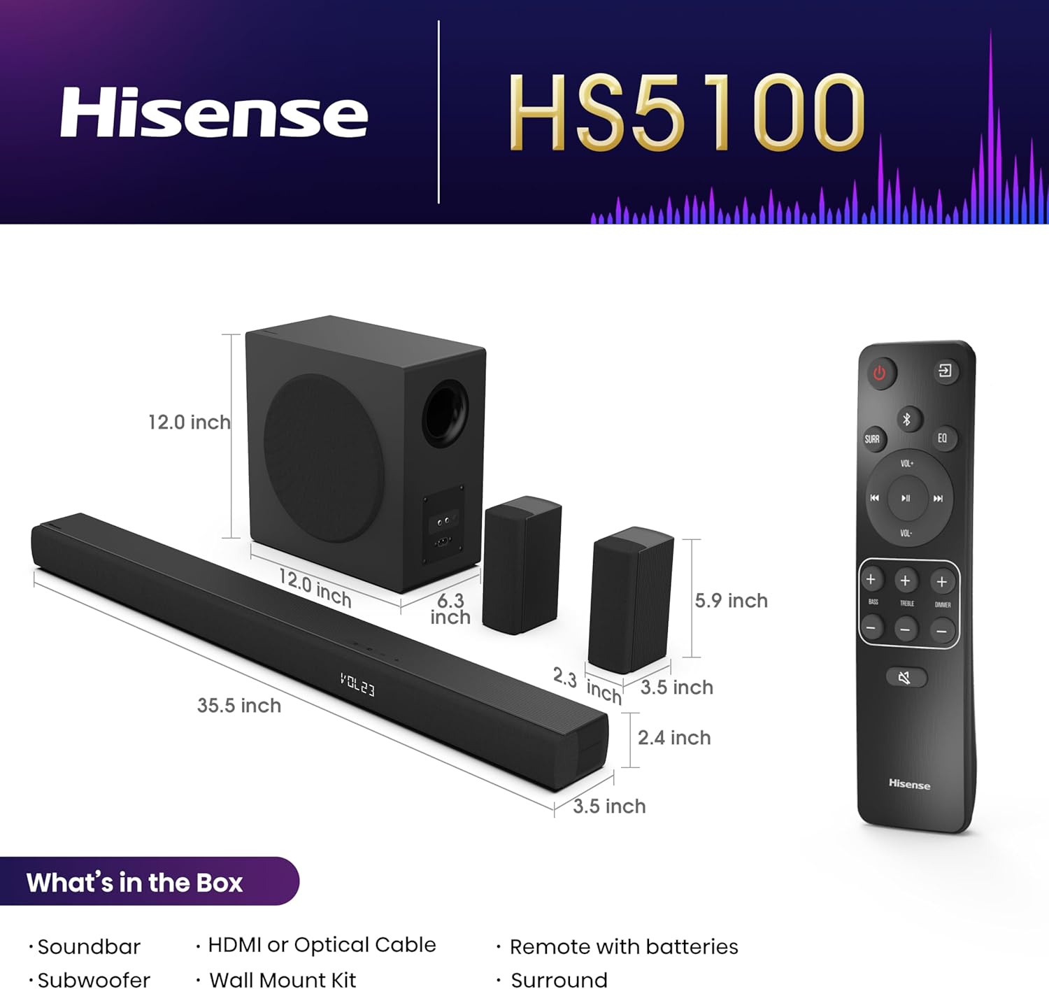 hisense hs5100 5.1 channel soundbar with 6.5" wireless subwoofer, 540w max audio power, bluetooth 5.3,dolby digital plus, powered by dts virtual:x, hdmi, ezplay, roku tv ready, dts: x, hdmi/aux/arc/optical/usb