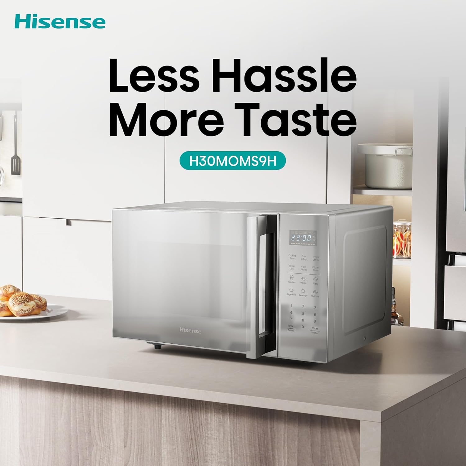 hisense 30l microwave oven, 11 power levels, preset programs, time and weight defrost, led display, cooking end signal, large capacity, h30moms9h