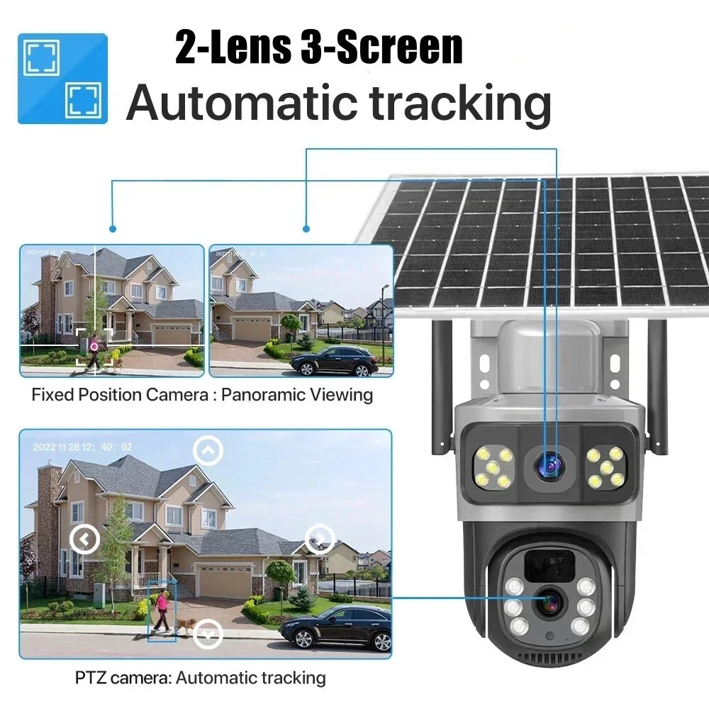 4g ptz 360 cctv camera with alarm, energy devices 5g dual lens solar security camera with 4g/5g sim support, 360° ptz view, night vision, motion detection, two way audio, ip66 waterproof, low power consumption, and mobile app control