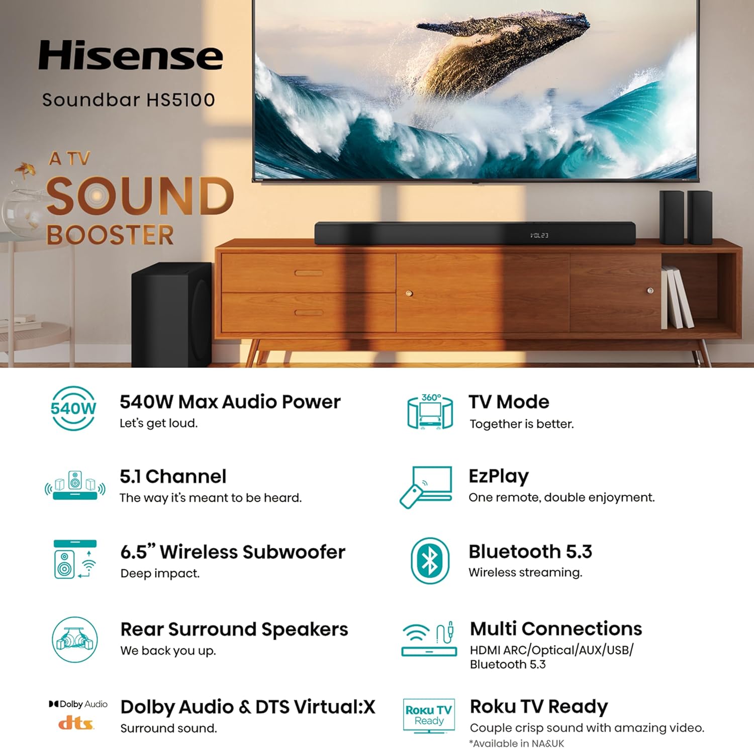 hisense hs5100 5.1 channel soundbar with 6.5" wireless subwoofer, 540w max audio power, bluetooth 5.3,dolby digital plus, powered by dts virtual:x, hdmi, ezplay, roku tv ready, dts: x, hdmi/aux/arc/optical/usb