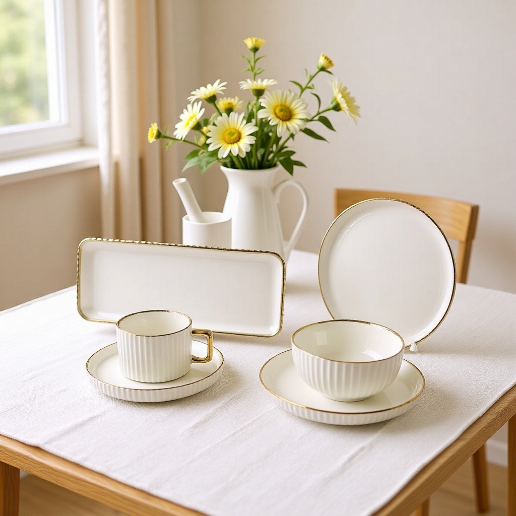 luxury gold rim tableware set, nordic style electroplated 32pcs dinnerware, bowls plates & cups for home use, elegant european porcelain dinner set, 32pcs dinner set ▶️6pcs dinner plates 10'inch ▶️6pcs side plate 8' inch ▶️6pcs soup bowls 6' inch ▶️6pcs mugs 220ml ▶️6pcs cup saucers ▶️platter ×2 (rectangular) luxury gold rim tableware set, nordic style electroplated 32pcs dinnerware, bowls plates & cups for home use, elegant european porcelain dinner set, 32pcs dinner set ▶️6pcs dinner plates 10'inch ▶️6pcs side plate 8' inch ▶️6pcs soup bowls 6' inch ▶️6pcs mugs 220ml ▶️6pcs cup saucers ▶️platter ×2 (rectangular)