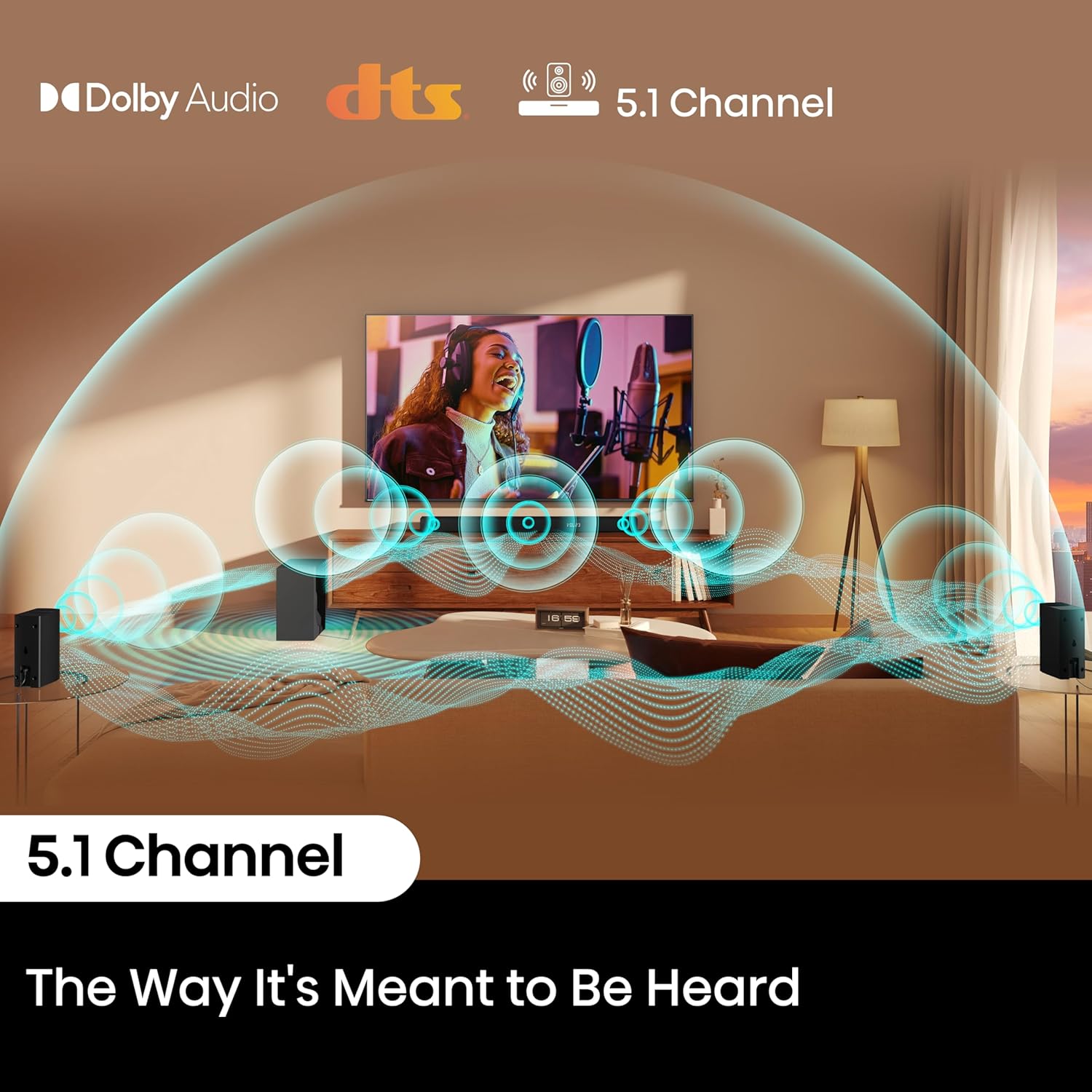 hisense hs5100 5.1 channel soundbar with 6.5" wireless subwoofer, 540w max audio power, bluetooth 5.3,dolby digital plus, powered by dts virtual:x, hdmi, ezplay, roku tv ready, dts: x, hdmi/aux/arc/optical/usb