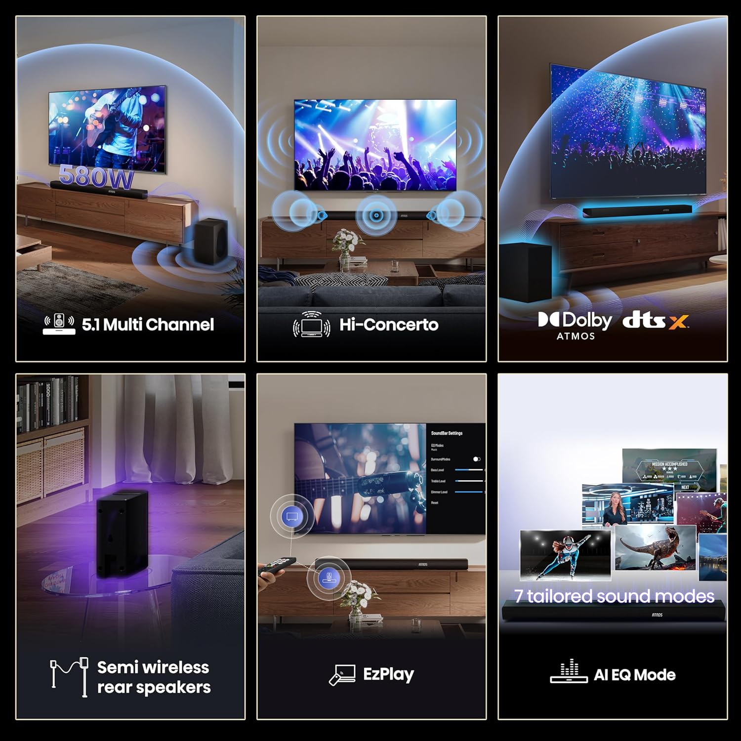 hisense ax5100q 5.1 soundbar, 580w, 8 speakers, subwoofer and semi wireless rear speakers, dolby atmos, hi concerto, hdmi earc, bluetooth 5.3, ez play hisense ax5100q 5.1 soundbar, 580w, 8 speakers, subwoofer and semi wireless rear speakers, dolby atmos, hi concerto, hdmi earc, bluetooth 5.3, ez play
