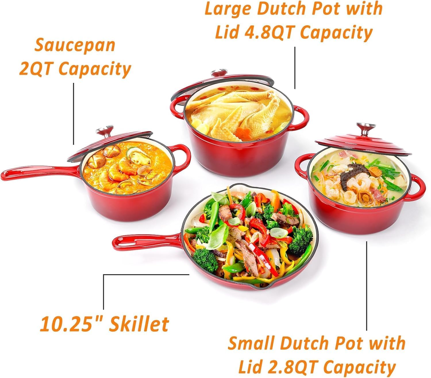 orange enamel cast iron cookware set 7 piece set of dutch ovens, sauce pan, skillet, 3 lids, dutch oven set, ceramic coated cast iron, heavy duty, gas/induction compatible, 7pcs enamel cast iron cookware good quality orange enamel cast iron cookware set 7 piece set of dutch ovens, sauce pan, skillet, 3 lids, dutch oven set, ceramic coated cast iron, heavy duty, gas/induction compatible, 7pcs enamel cast iron cookware good quality