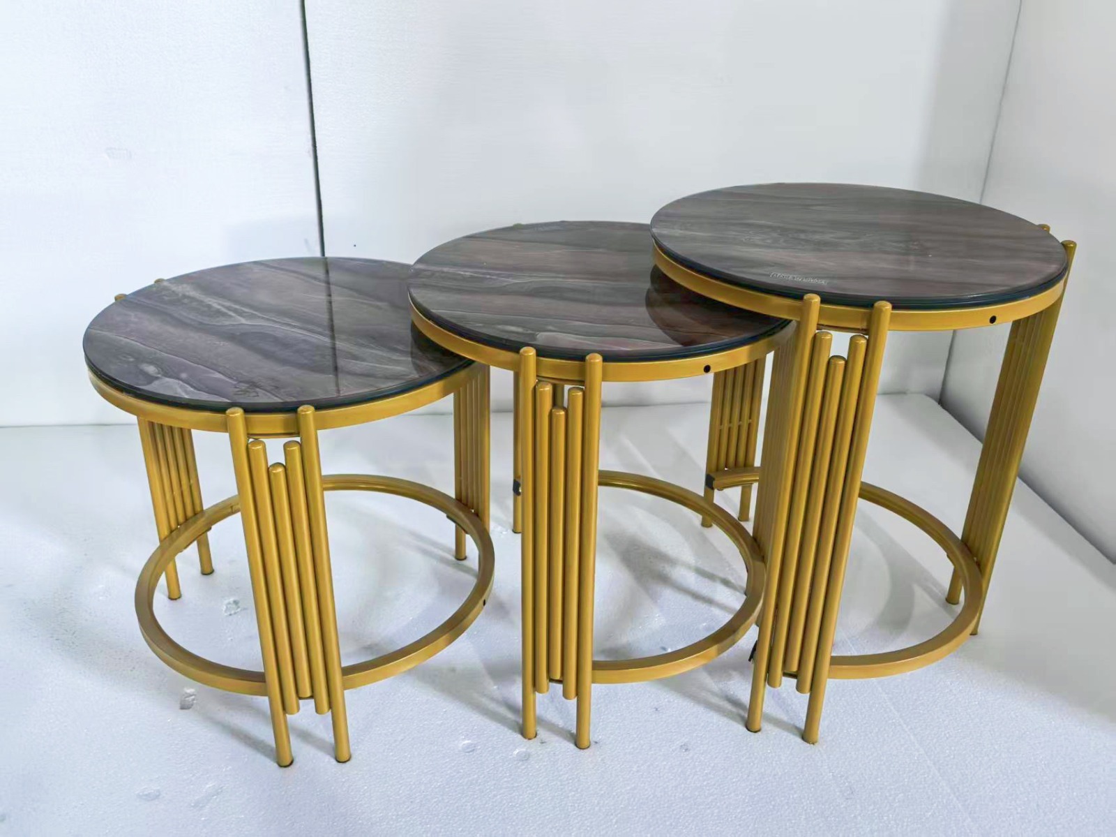 luxury 3pcs coffee table set large and small round glass pure marble top for living room furniture, 3 in 1 executive glass effect top nesting tables set of 3 pieces, for living room, office, sofa side luxury 3pcs coffee table set large and small round glass pure marble top for living room furniture, 3 in 1 executive glass effect top nesting tables set of 3 pieces, for living room, office, sofa side