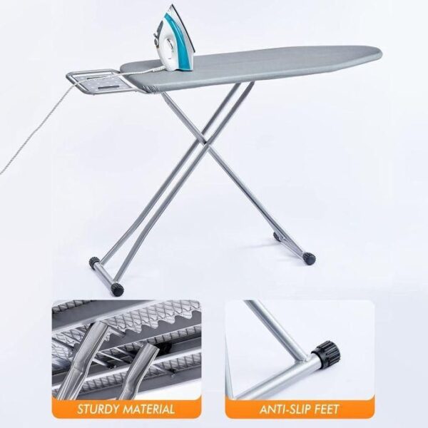 top ironing board, 4 legs, steel top ironing board with fixed iron rest, fiber pad, scorch and stain resistant, silver frame and silicone coated cotton cover, multicolor